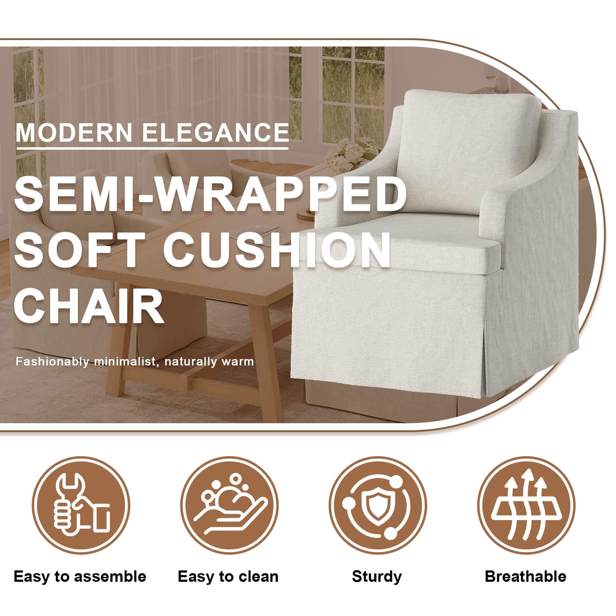 MAYEERTY 25.6" Beige Fabric Rolling Arm Dining Chair, 300LBS High Density Sponge Accent Chair for Dining Living Bedroom Restaurant