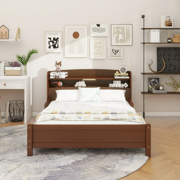 Full Pine Wood Bed with Bookcase Headboard ,LED Motion Sensor Light, Bed Guardrails,Walnut