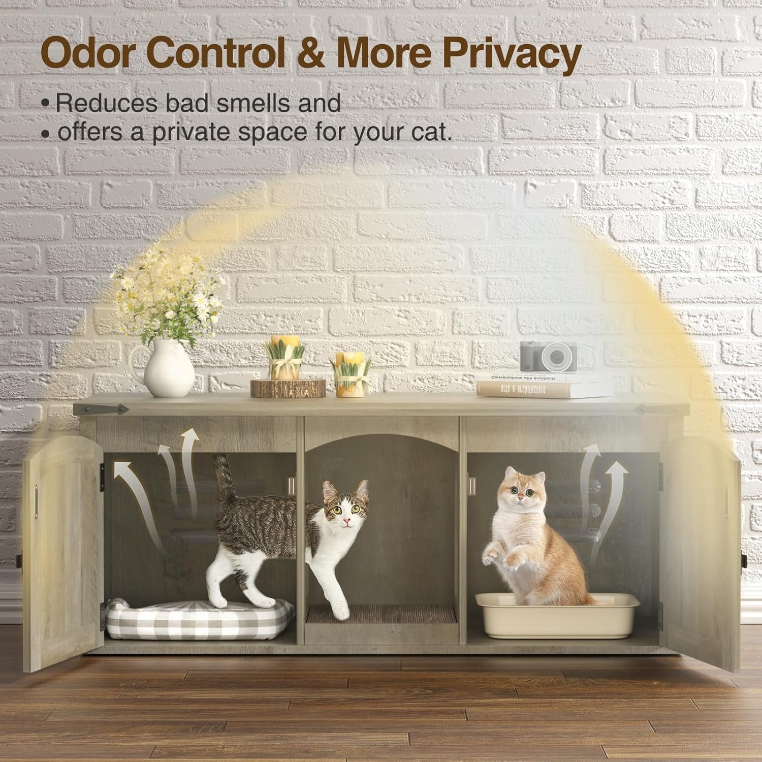 VEANERWOOD Cat Litter Box Enclosure for 2 Cats, Large Cat House with Double Rooms & Scratch Pad for Living Room, Bedroom, Wooden Enclosed Cat Litter Box Furniture