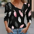 thumbnail image 2 of Uootdi Womens Feather Print Blouse Asymmetric Neckline Long Sleeve Casual Top With Buttons Trendy Spring Fashion Wear Black Women Tops, 2 of 5
