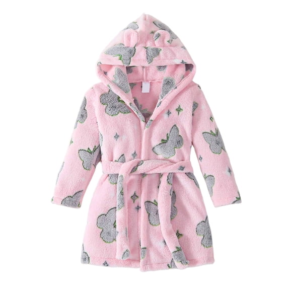 Quealent Girls Robe Kids Flannel Hooded Bathrobe Sleepwear Pajamas Toddler Soft Plush Robes for Girls (Light Pink, 4-5 Years)