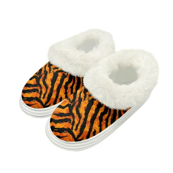 Psesaysky Tiger Print Warm House Slippers for Women Comfy Fleece Lined Fuzzy Slippers with Thick Sole for Indoor Outdoor, Size 4-5