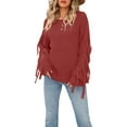 thumbnail image 1 of Seyurigaoka Women Knit Pullover Long Sleeve Tassel Blouse Tops Plus Size Casual Solid Color Round Neck Fringed Sweater, 1 of 5