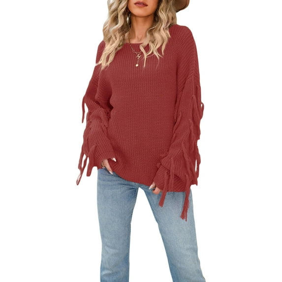 Seyurigaoka Women Knit Pullover Long Sleeve Tassel Blouse Tops Plus Size Casual Solid Color Round Neck Fringed Sweater