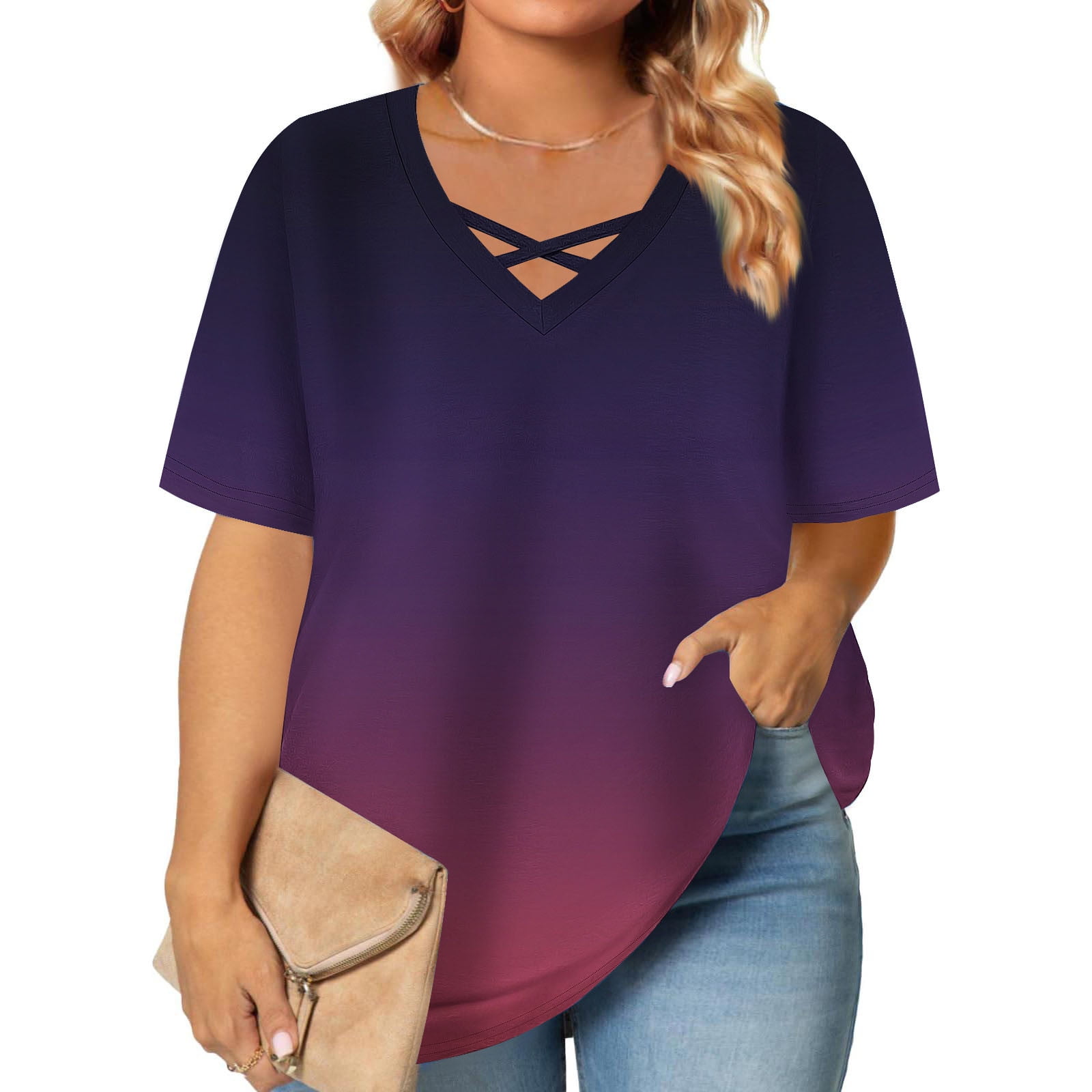 JGGSPWM Women's Plus Size Short Sleeve Criss Cross Neck Summer Trendy Dressy Casual Tunic Tops Tees Blouses Navy 4XL
