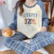 thumbnail image 1 of Conjunto de pijama de algodón con dibujos animados para mujer, ropa de dormir Coreana de manga larga con cuello redondo, bonita para ocio, 1 of 4
