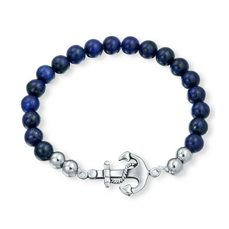 Lapis Lazuli Pendulum Nautical Boat Anchor Blue Lapis Lazuli Strand Ball Bead Bracelet For Women Silver Tone Stainless Steel ()