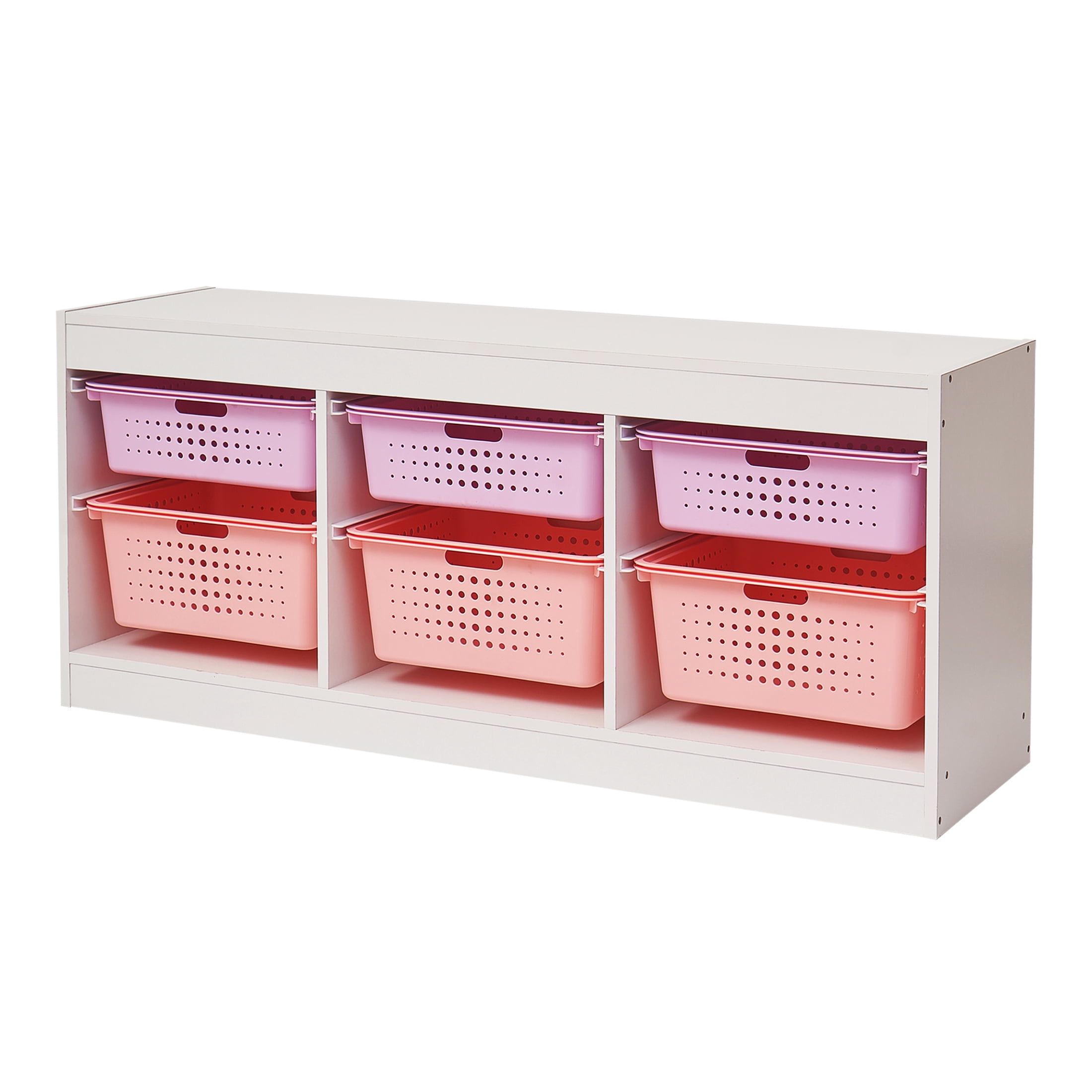 Your Zone Wooden Kids Horizontal Sliding Bin Organizer with 6 Storage Bins, Pink, Age 3+