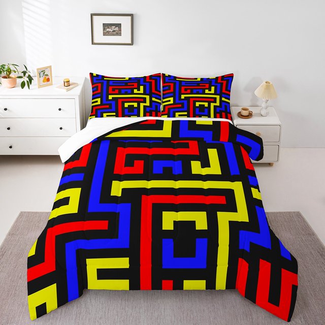 Erosebridal Geometric Stripes Comforter Sets Queen Size,Abstract Artwork Bedding Queen Comforter Set,Lines Decor,3Pcs