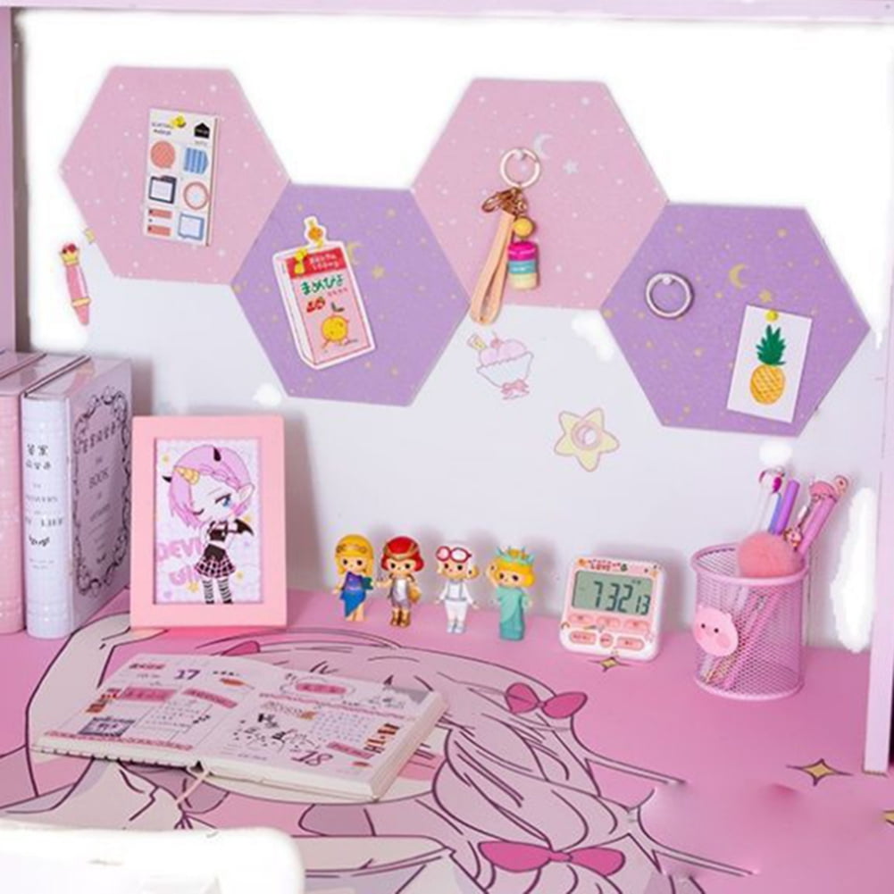 Felt Hexagon Cork Board Tiles,Self-Adhesive Notice Board Pink Wall Tiles with Push Pins for Home Office Classroom Wall Decor Photos Memos- A4 4pcs
