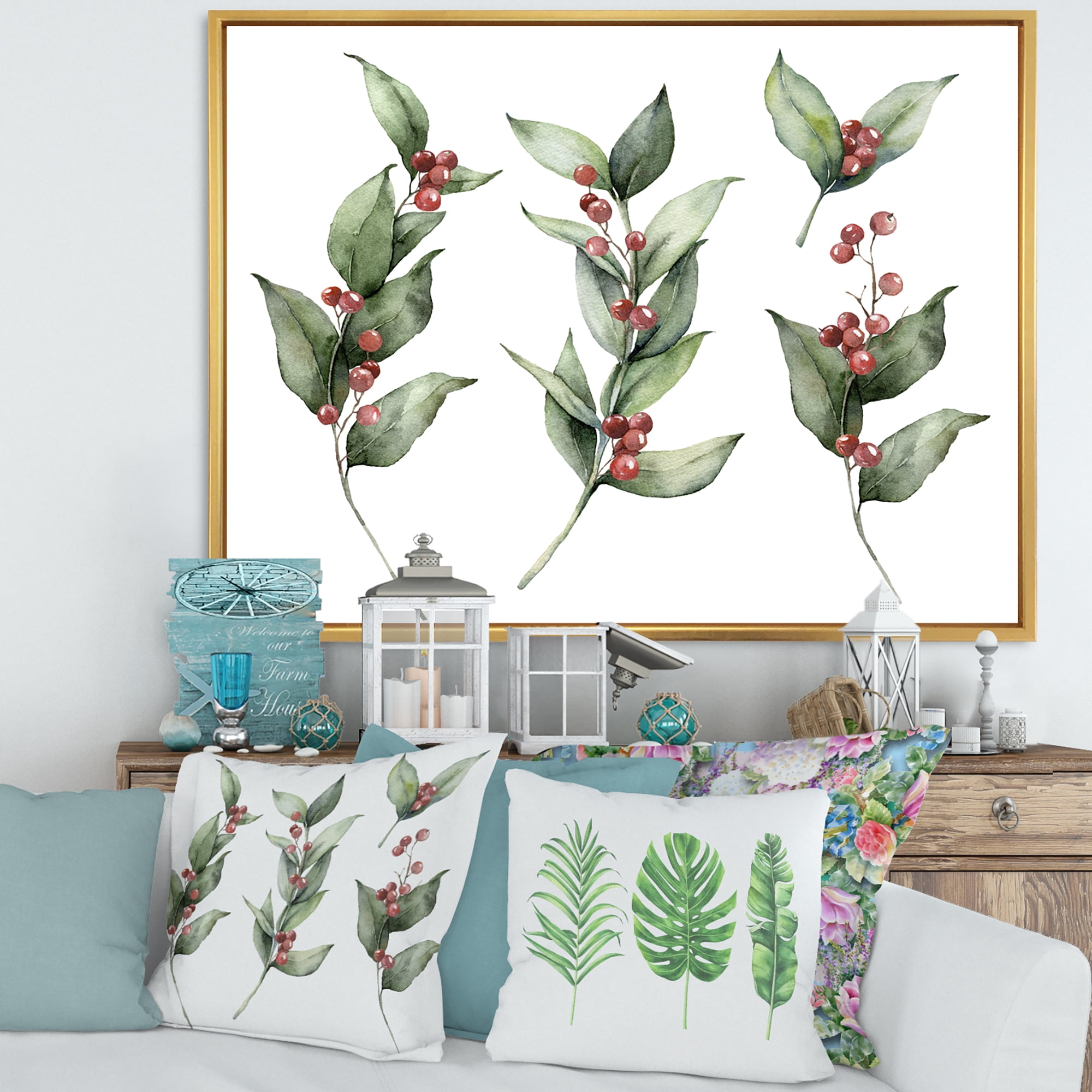 Designart 'Christmas Set Red Berrie With Branches' Traditional Framed Canvas Wall Art Print