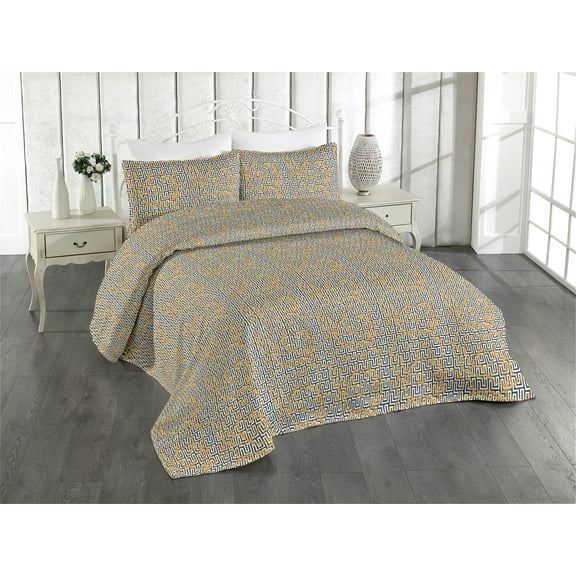 Ambesonne Abstract Quilted Bedspread Set 3 Pcs, Tangle Vintage Monochrome, King, Dark Grey Earth Yellow