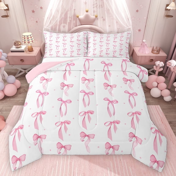 Homewish Cartoon Ribbon Bow Knot Bedding Comforter Set 2pcs for Kids Children,Dreamy Princess Twin Comforter Sets Microfiber,Polka Dots Breathable Bedding Set,Ultra Soft Home Decor,Reversible