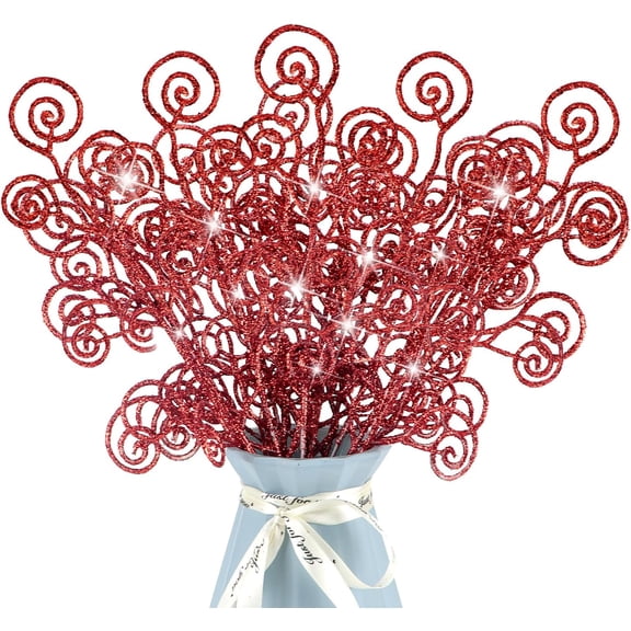 24 Pieces Glitter Christmas Picks Ornaments Decorative Sticks Candy Picks Curly Sprays Twigs for Christmas Tree Branches Vase Fillers Crafts Wreath Garland Party Wedding Holiday