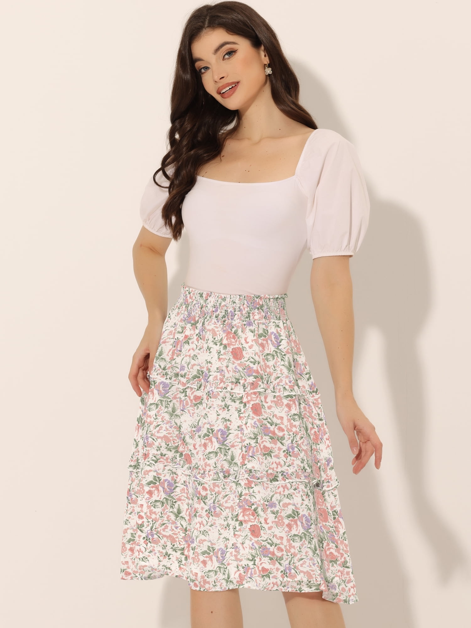 DARING DIVA Women's Floral Chiffon Layer Ruffle Hem Midi Skirt XL White2