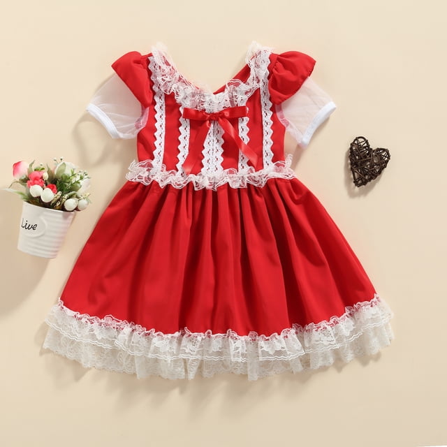 ZAXARRA Enfants Bébé Filles Robe de Princesse Rouge Bambins Dentelle Douce Garniture Noeud Maille Manches Courtes Robe Formelle Partie Robe de Bal pour 1-6 Ans