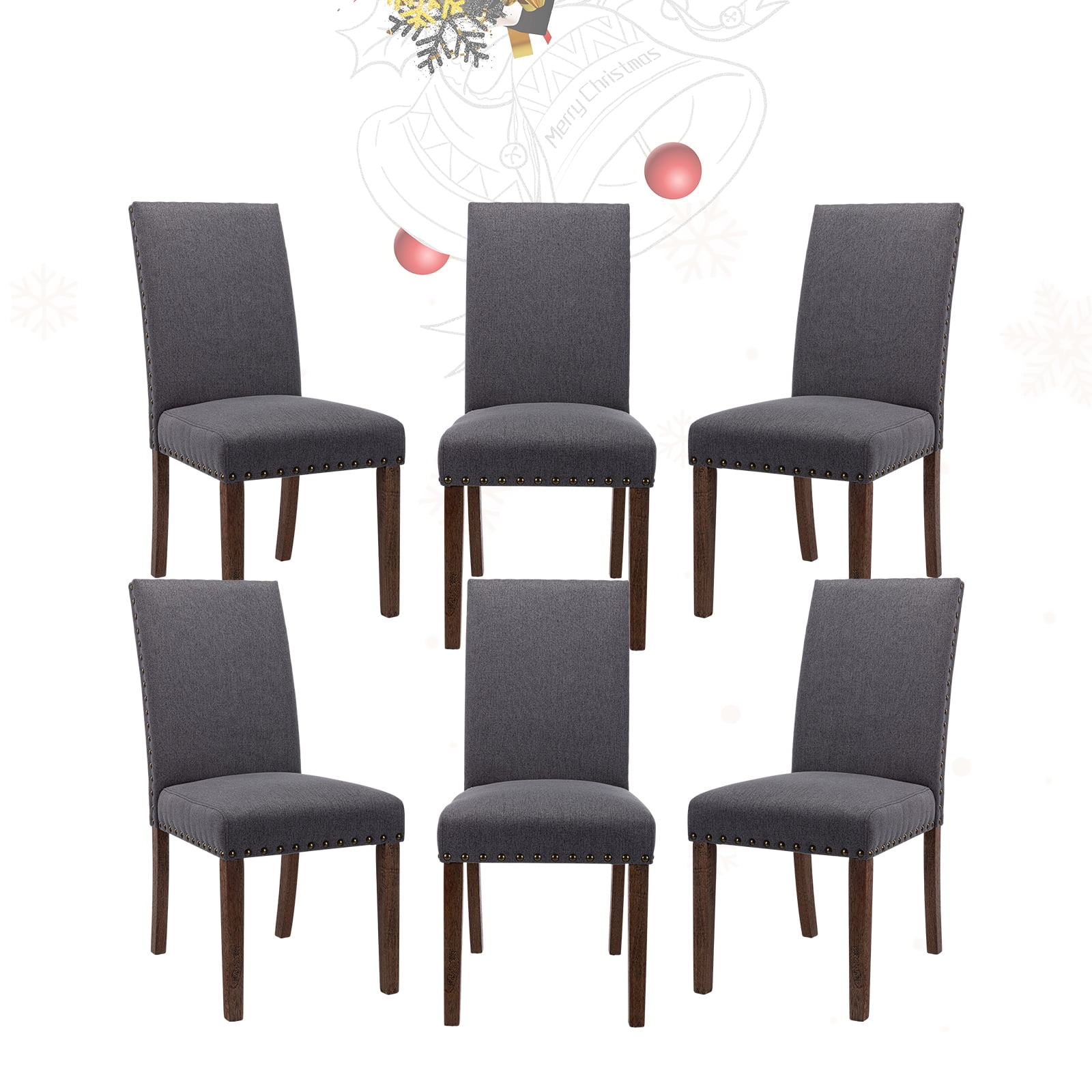 Nailhead Trim Dining Chairs Set of 6,Gray Upholstered Linen Parsons