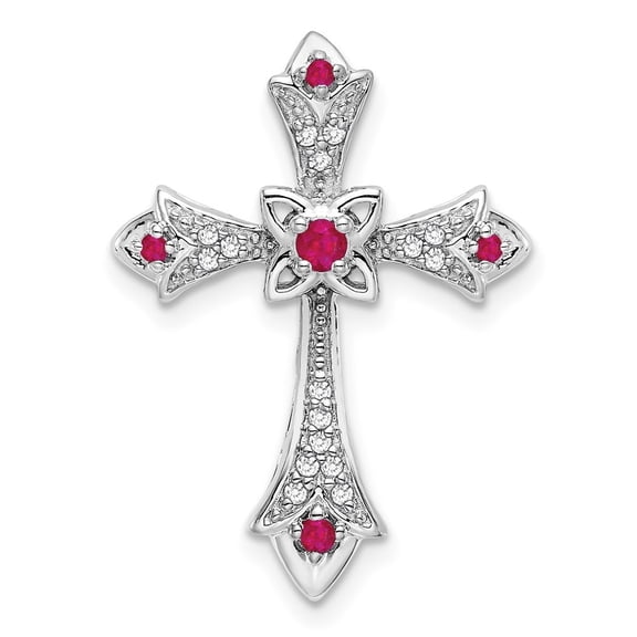 Auriga 10K White Gold Ruby and Diamond Fleur de Lis Cross Chain Slide Pendant for Women (L-25.2mm, W-18.5mm)