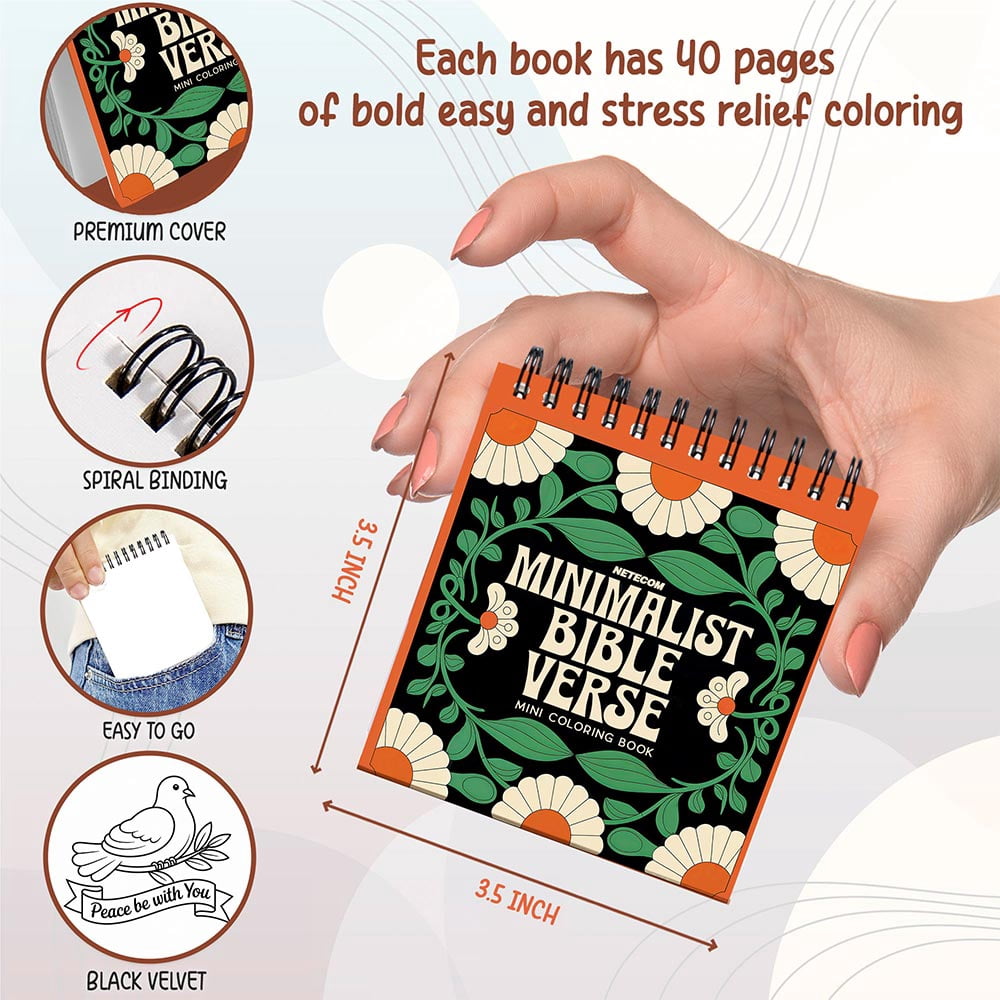 Minimalist Mini Coloring Book Spiral Bound for Adult, Pack 6, 3.5” x 3.5” Pocket Size, 40 Coloring Pages Stress & Anxiety Relief, Travel for Women Men