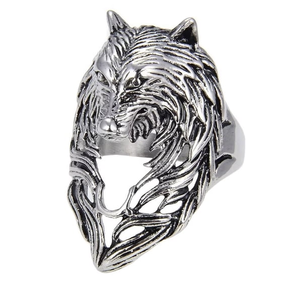 PAMTIER Unisex Stainless Steel Vintage Punk Domineering Personality Hip Hop Tribal Wolf Head Biker Ring King of the Forest Ancient Silver Size 8