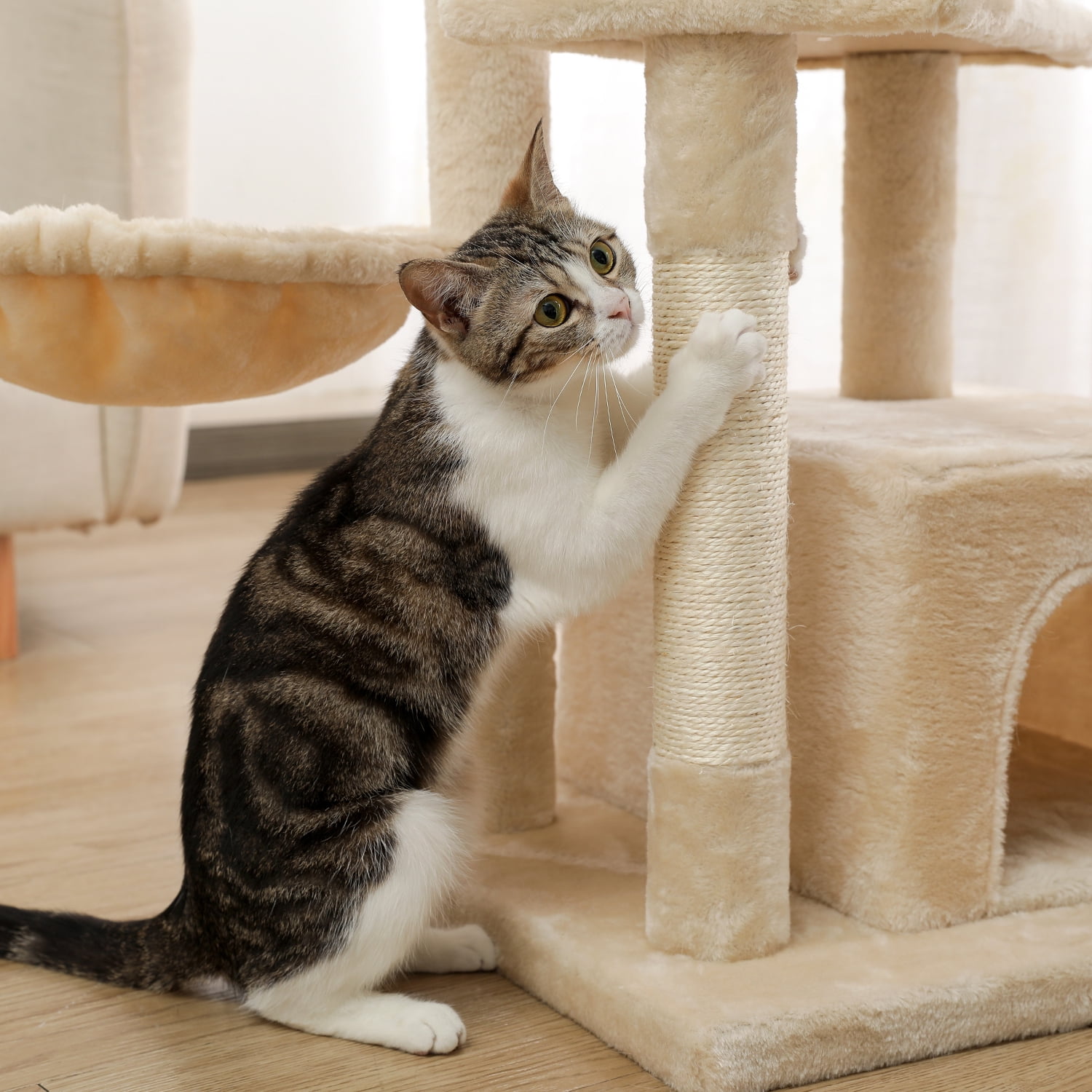 Pefilos 44" Multi-Level Modern Cat Tree for Indoor Cats with Scratching Post, Cozy Condo, Top Perch, Hammock and Dangling Ball For Small to Medium Cats, Beige Pefilos 44" Multi-Level Modern Cat Tree for Indoor Cats with Scratching Post, Cozy Condo, Top Perch, Hammock and Dangling Ball For Small to Medium Cats, Beige