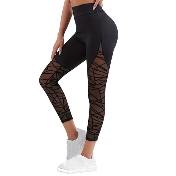 Fewfanhot Women's High-Waisted Black Mesh Panel Leggings, Stretchy Sheer Workout Pants Stylish Athletic Bottoms for Yoga, Gym & Fashion