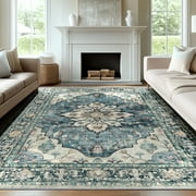 Area Rugs for Living Room,8'x10' Soft Washable Vintage Rug with Non-Slip Backing,Durable Indoor Carpet,Blue