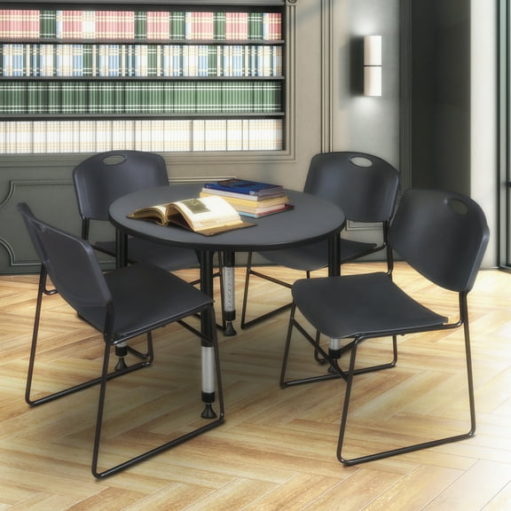 Regency Kee 36" Round Height Adjustable Classroom Table - Grey & 4 Zeng Stack Chairs- Black