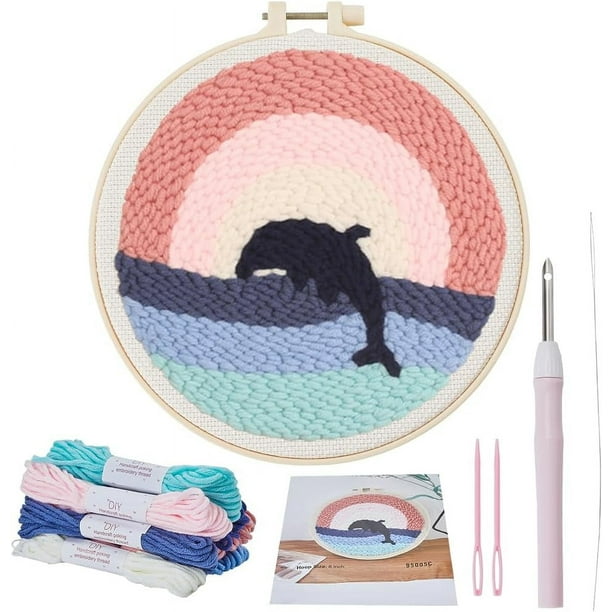 Kits de bordado con patrón de ballena, kits de inicio para principiantes con punzón de aguja, kit de bordado artesanal con bastidor de tela, punzón de hilo, bolígrafo, enhebrador de agujas.