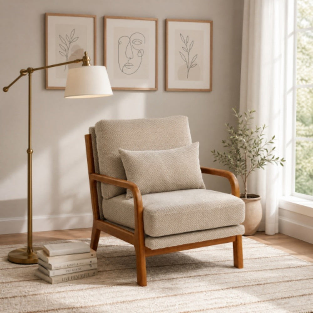 Wooden Lounge Chair, Modern Upholstered Accent Chair with Solid Wood Armrests, High-Density Foam Cushion, Reclined Backrest for Living Room, Bedroom & Office, Camel
