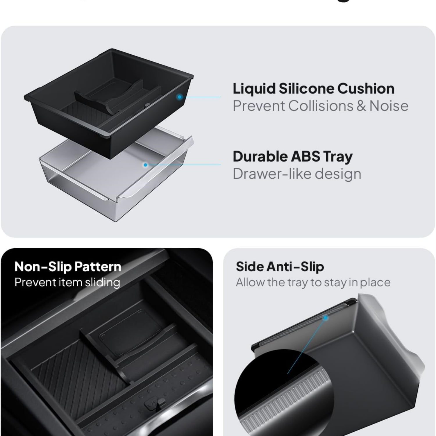 Tesla New Model Y Juniper & Model 3 Center Console Organizer [Double Layer Space, Slide Smoothly] Model 3 (2024~2025)/New Model Y Juniper Accessories, 4PCS Black