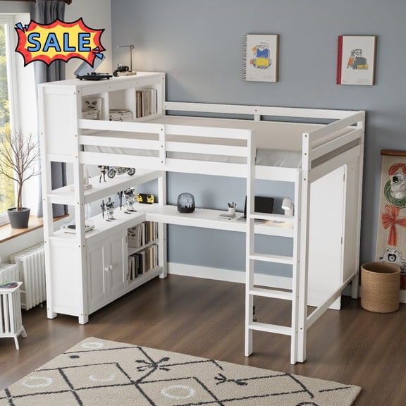 Tcbosik Loft Bed Queen Size with Wardrobe and Writing Desk, Open Shelves and Storage Cabinet, Bed Frame with Built-in Ladder and Full Length Guardrail, Wood Slats Support, White