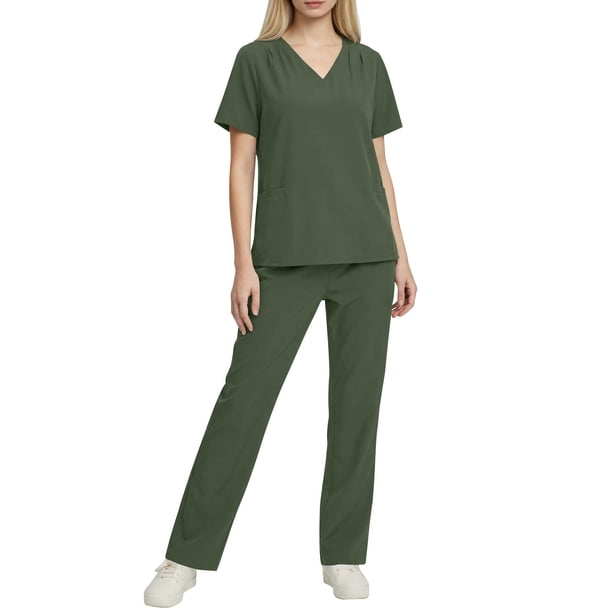 Conjunto de uniforme médico para mujer, color sólido, 2 piezas, camiseta de manga corta con cuello en V y pantalones con cintura elástica, uniforme de enfermería con bolsillos.