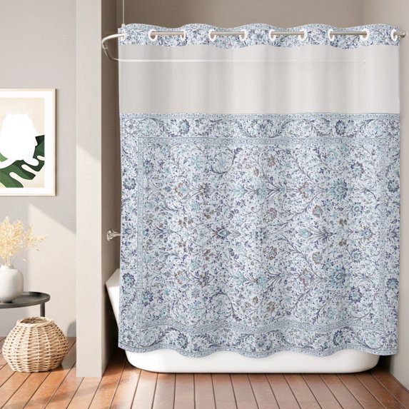 No Hook Shower Curtain, Vintage Teal Blue Boho Shower Curtains for Bathroom with See Through Top Window, Retro Ethnic Tribe Abstract Art Waterproof & Washable Bath Curtain 66"x72"