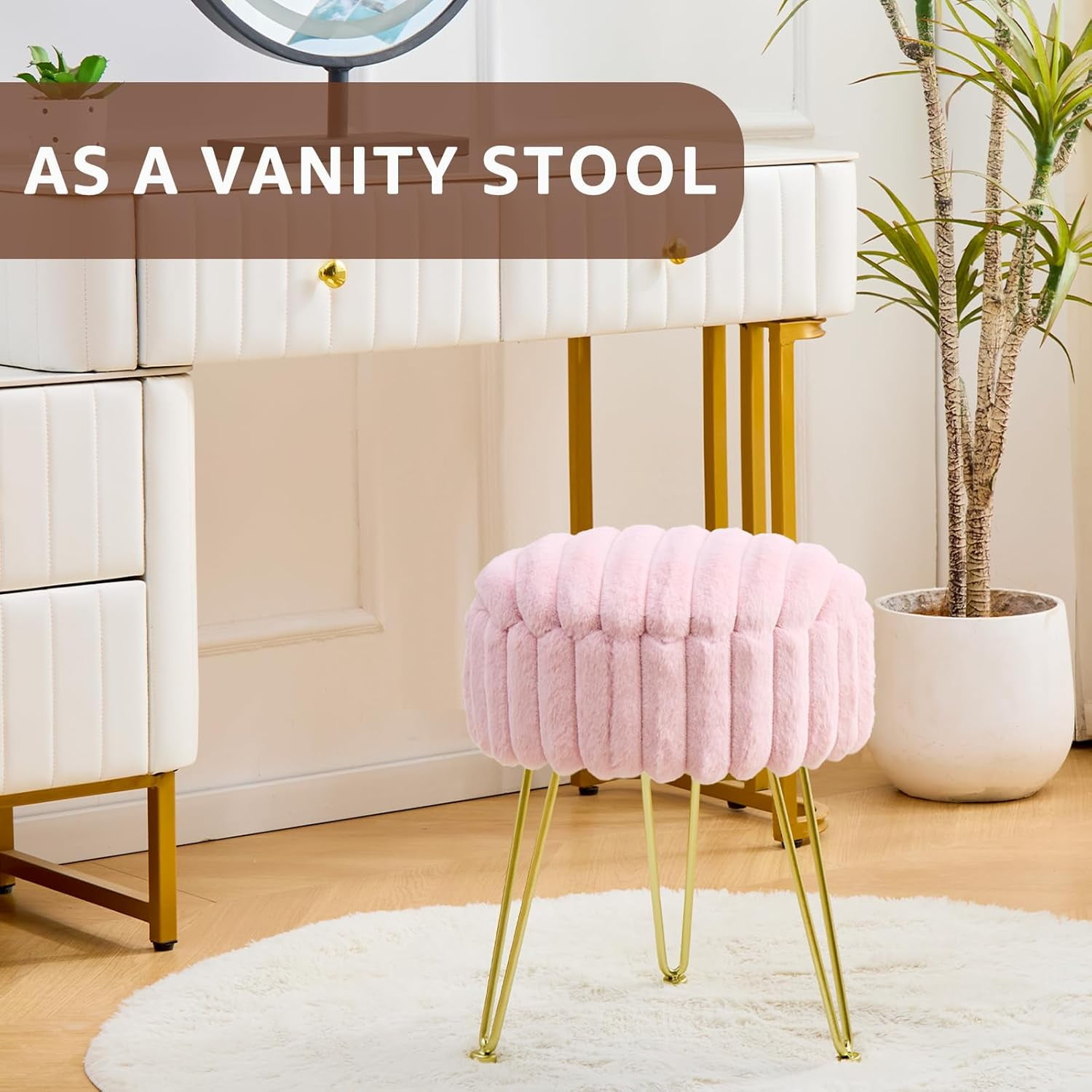 Casa Pura Furniture Faux Fur Vanity Stool with Storage Round Ottoman Footstool with Gold Metal Legs, Makeup Vanity Chair for Bedroom, Pink