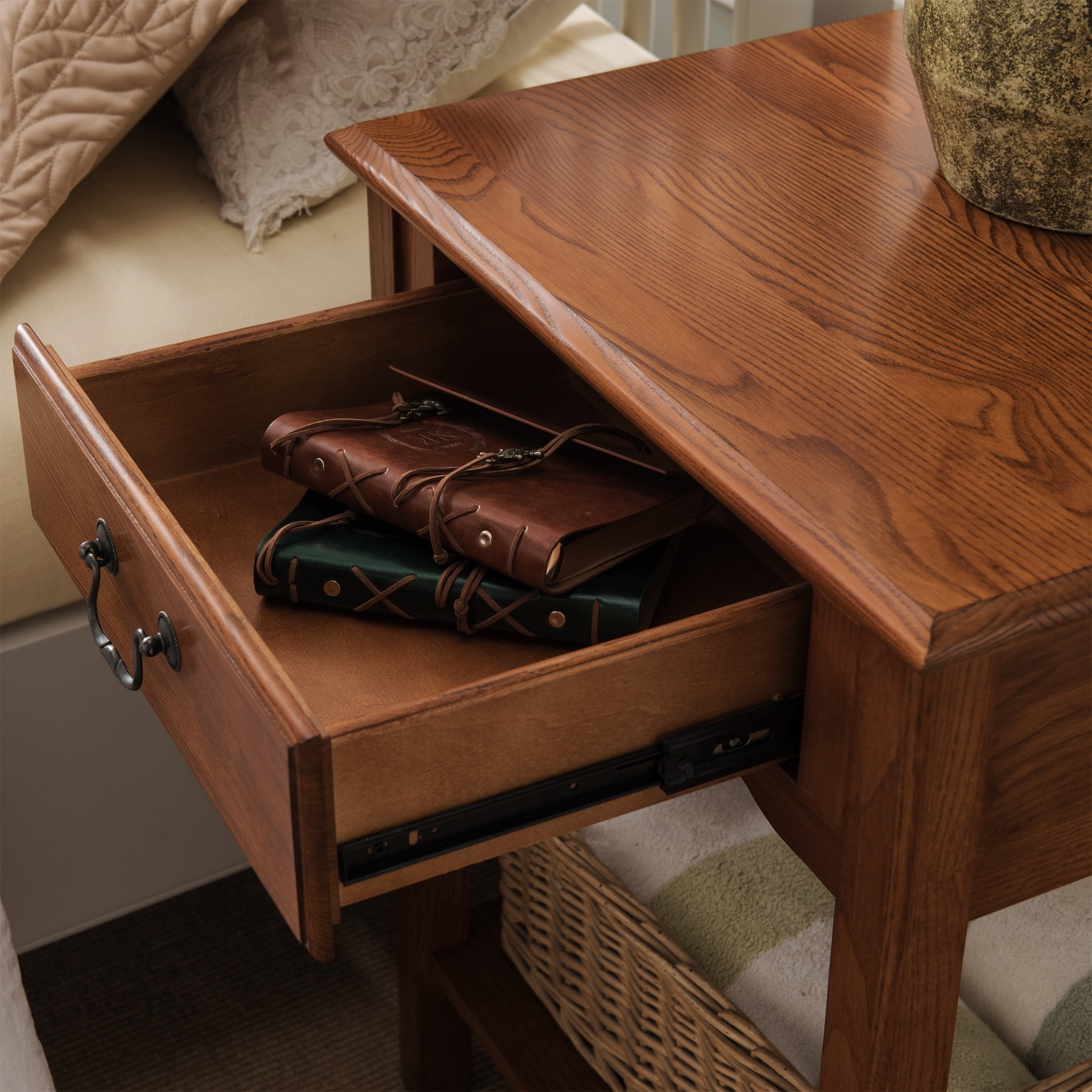 Leick Home Salem Solid Wood Nightstand with Drawer and Shelf, Medium Oak