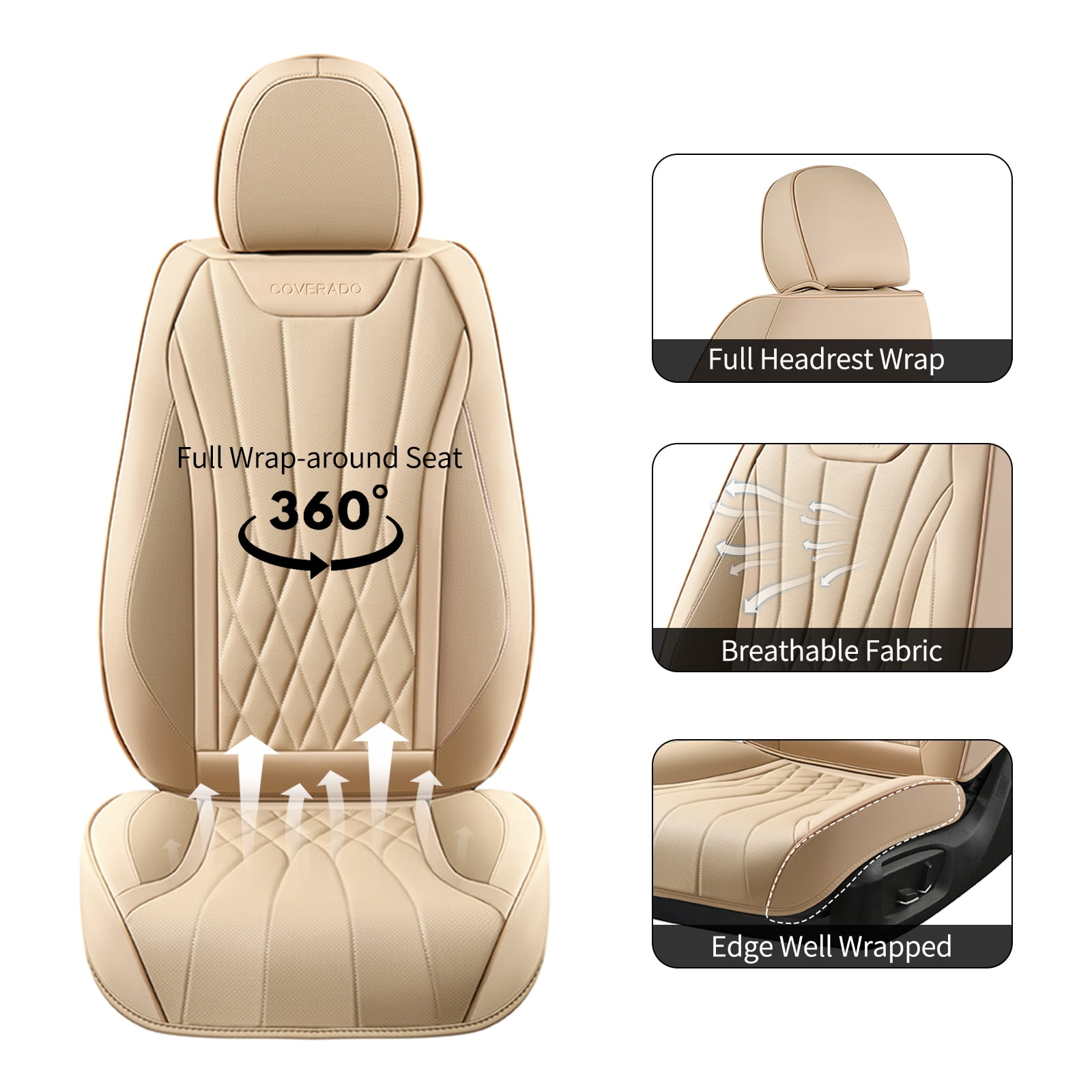 Coverado Front Car Seat Covers, Premium Leather Seat Protectors, Sleek Design Universal Fit for Most Cars, Beige