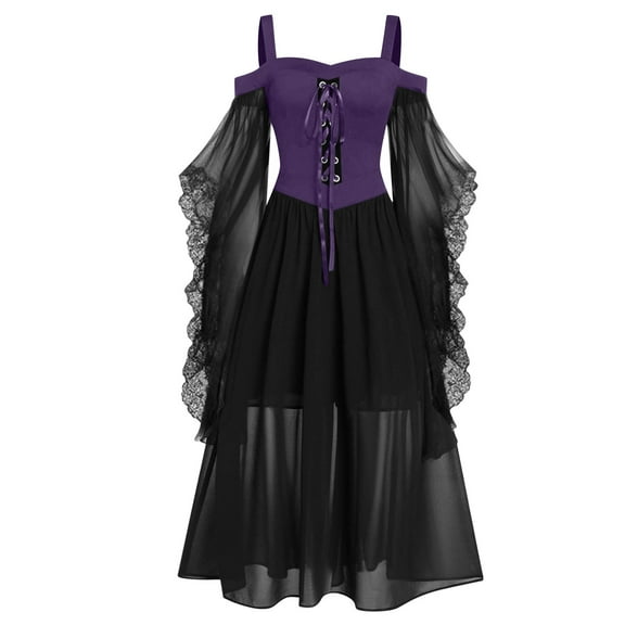 Ohufall Halloween Dresses for Women Plus Size Fashion Patchwork Lace Up Butterfly Sleeve Strappy Gothic Medieval Witchy Dress Ladies Elegant Retro Off Shoulder Renaissance Dresses