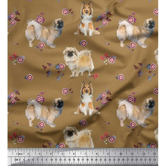 Soimoi Cotton Cambric Fabric Floral,Sheltie & Pekingese Dog Printed Fabric 1 Yard 42 Inch Wide