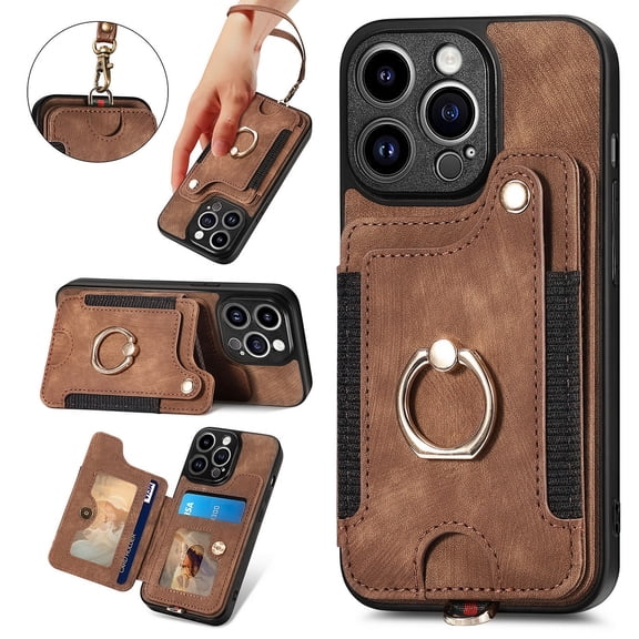 Ancove for iPhone 14 Wallet with Card Holder & Wrist Strap,PU Leather RFID Blocking Ring Holder Kickstand Flip Case Cover for Women Men for iPhone 14,Brown