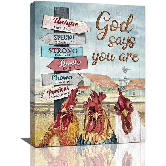 Farmhouse Rooster Canvas Wall Art Funny Farm Barn Chicken Pictures Wall Decor God Says You Are Painting Prints Framed Artwork Decor for Kitchen Bathroom Bedroom 12"x16"