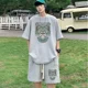 thumbnail image 5 of Chándal informal de moda de gran tamaño de verano, traje holgado para correr con diseño de gofre, camiseta holgada de manga corta y pantalones cortos deportivos, conjunto de 2 piezas para hombre, 5 of 5