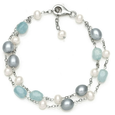 - Cultured Freshwater Pearl and Natural Milky Aquamarine Sterling Silver Station Link Bracelet, 7.5