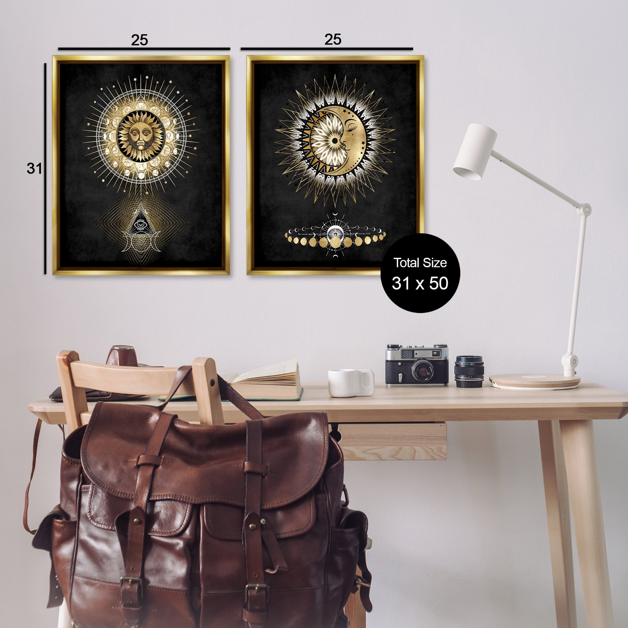 Stupell Industries Astral Eye & Moon Phases Astrology & Stars Painting Gold Floater Framed Canvas Art Print Wall Art, 31 x 25, Set of 2