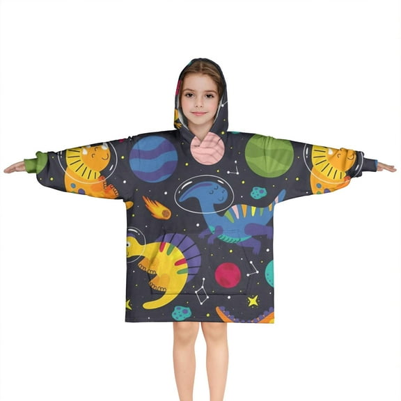 DarkBlue Cartoon Dinosaurs Planets Pattern Blanket Hoodies for Kids 6-13YR Oversize Wearable Blanket Hoodies for Boys Girls Teens