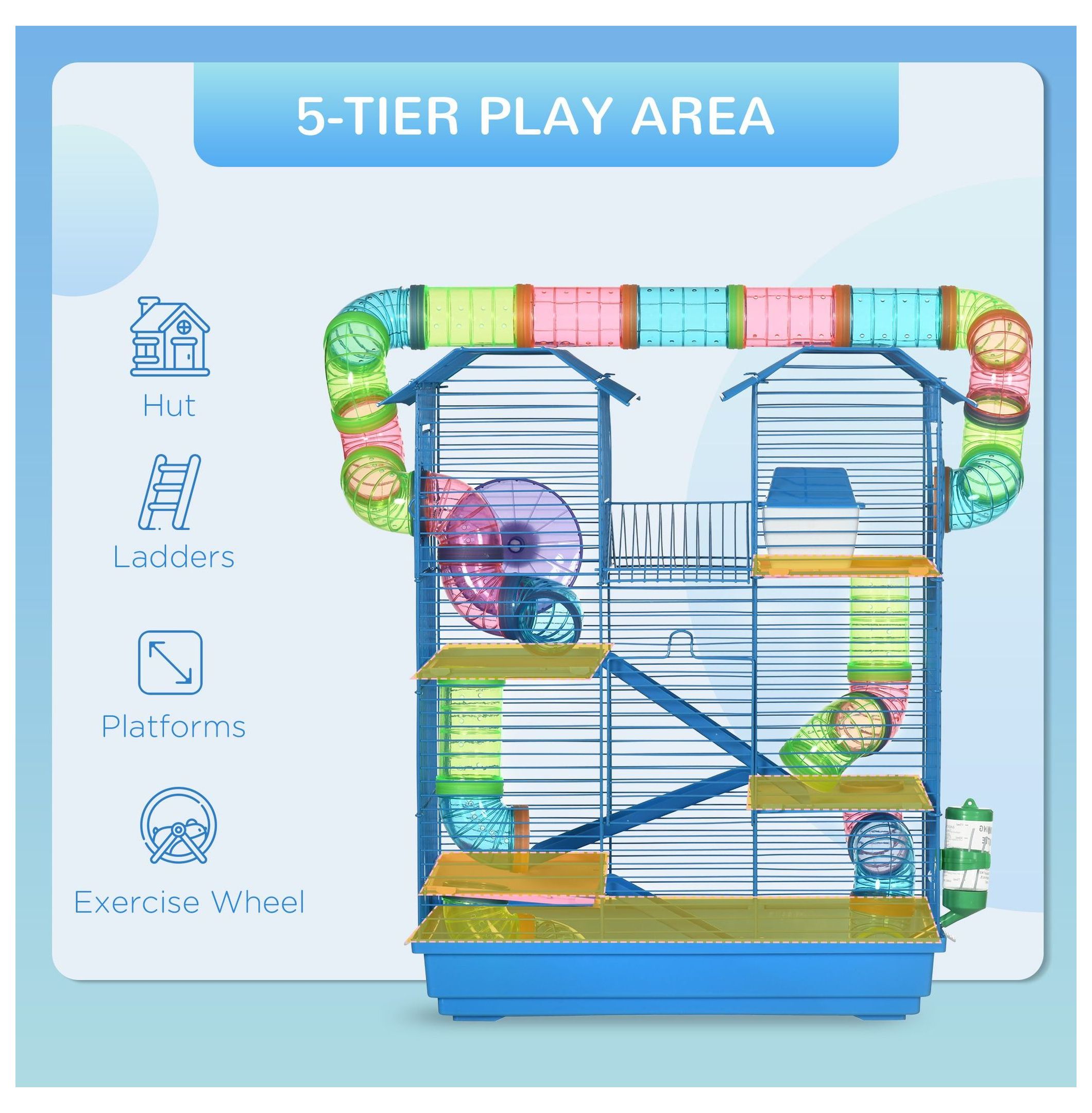 Hamster Cage 5-Tier Extra Large, Small Animal House with Wheel & Tubes, Blue