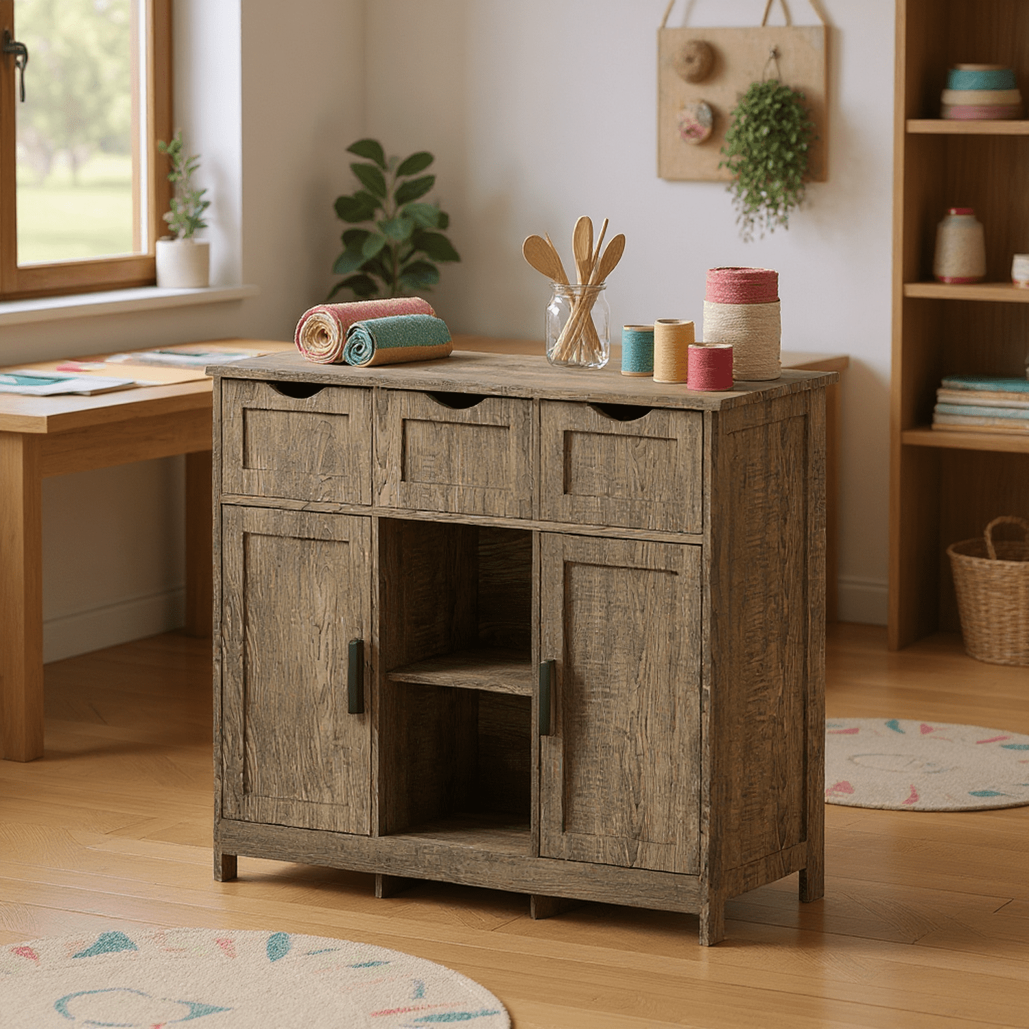 Homy Casa Gray Accent Storage Cabinet with Drawers and Shelves, for Living Room and Dining Room