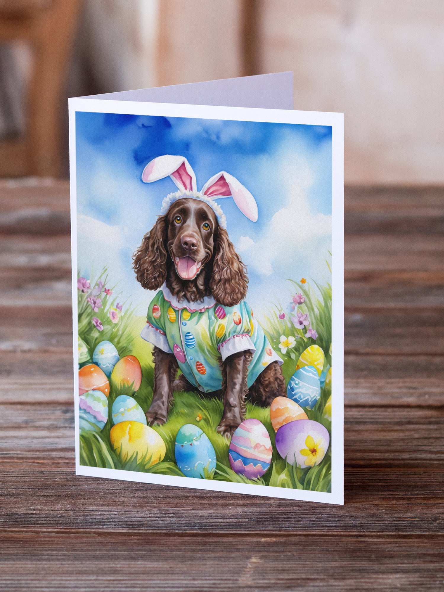 American Water Spaniel Easter Egg Hunt Greeting Cards Pack of 8 7 in x 5 in