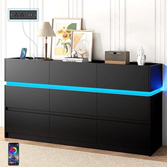 Winkalon 9 Drawer Dresser with LED Lights and Charging Station, Modern Wood Chest Organizer for Bedroom, Living Room, Hallway ,Black