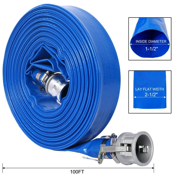 1.5" ID × 100 ft Pool Filter Backwash Hose, Blue Heavy Duty Reinforced Blue PVC Lay Flat Water Discharge Pump Hoses For Swimming Pool Filter Pump,with 2 Clamp